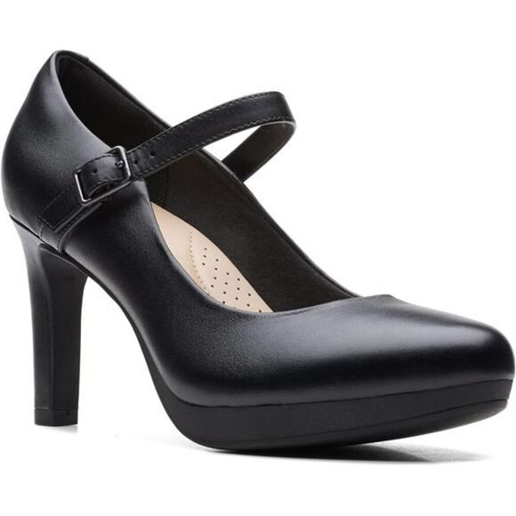 Womens Black Leather Heels Closed Toe Pumps Adjustable Strap Dress Shoes Comfort - Picture 3 of 8